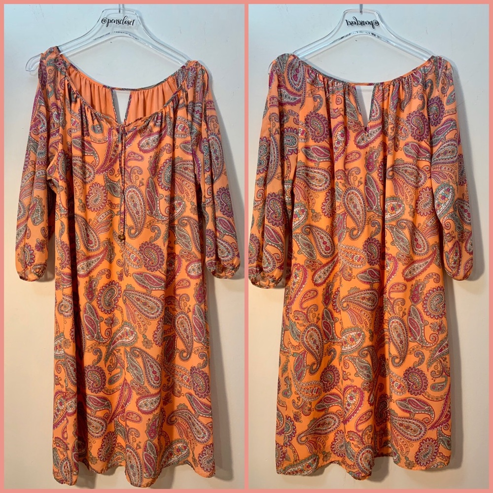 Cato Boho Paisley Coral Midi Dress Sleeve Detail
